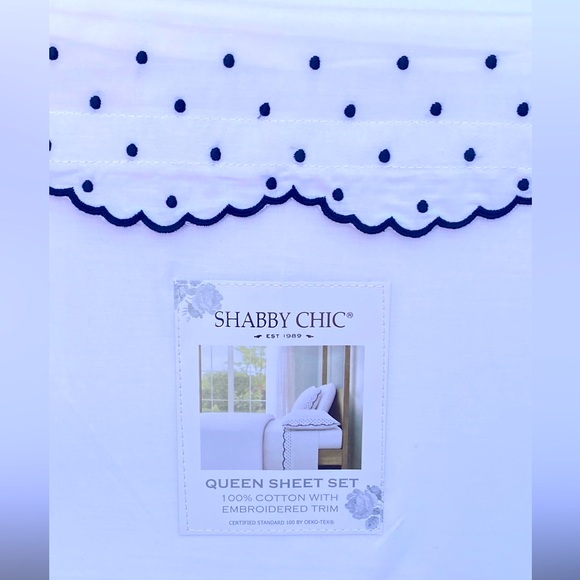 Shabby Chic White Cotton Embroidered Scallop Dot Navy Blue QUEEN Sheet Set 4pc - Picture 7 of 9